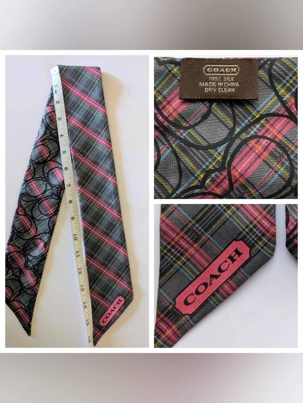 Coach Silk Twilly Skinny Scarf Pink Grey Plaid Signature C Monogram | NWOT